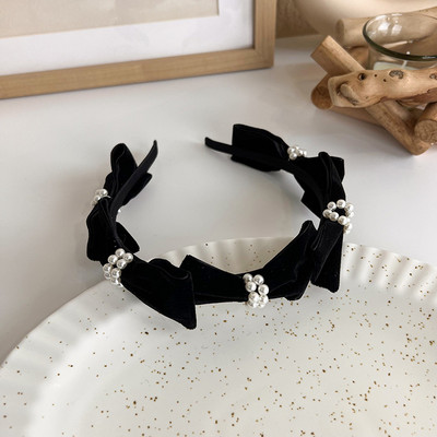 Bentita de păr neagră elegantă Fată Sweet Pearl Twist Bentita de păr tricotată din burete Bentita cu boruri largi Bentita din PU cu fundă pentru femei