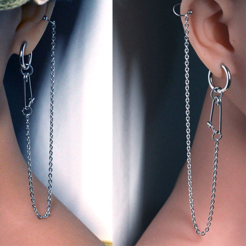 Stil punk, personalitate cool, lanț pentru nas, cercei falși, inel pentru buze, cu lanțuri lungi, piercing la modă, cercel, clip pentru ureche, bijuterii pentru corp