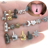 Sexy Genital Spider Moon KISS Rose Piercing Limbă Bile pentru inimă Inele chirurgicale pentru limba din oțel inoxidabil Inele Daisy Tounge Bijuterii