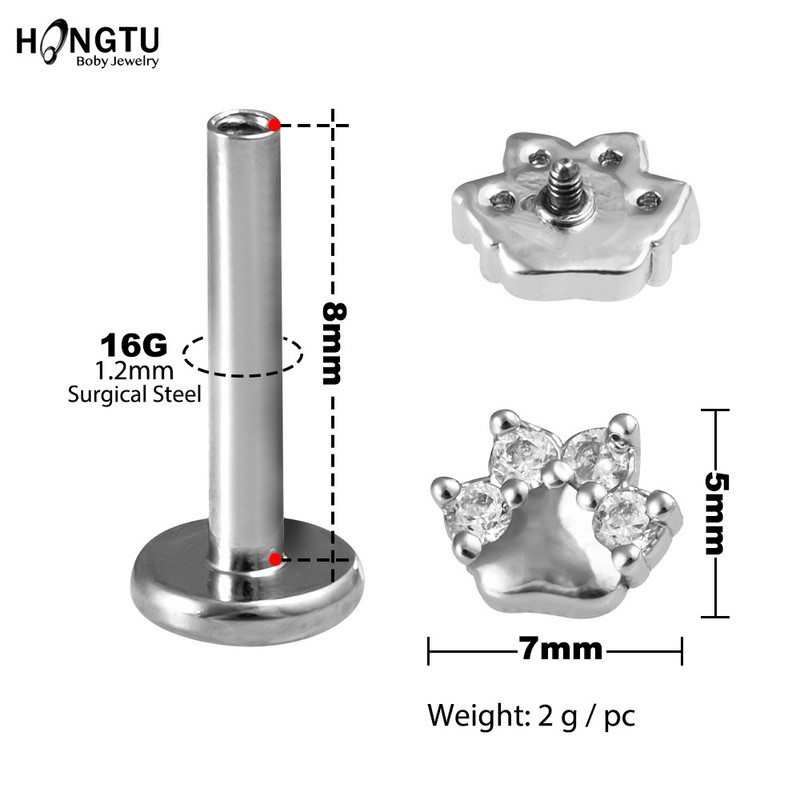 1db Paw Zircon Labret ajakgyűrű rozsdamentes acél belső menetes Monroe gyűrű testékszer 16g porc Tragus Helix piercing