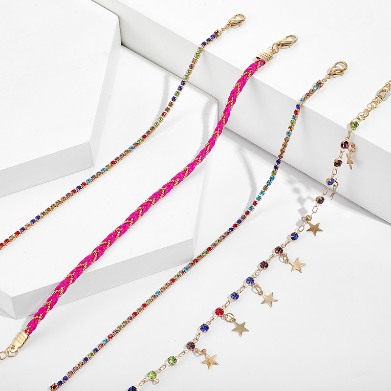 Tocona 4 buc/seturi Strălucitoare, colorate, cristal, glezne pentru femei, frânghie boemă, ciucuri, sandale desculțe, bijuterii 8784