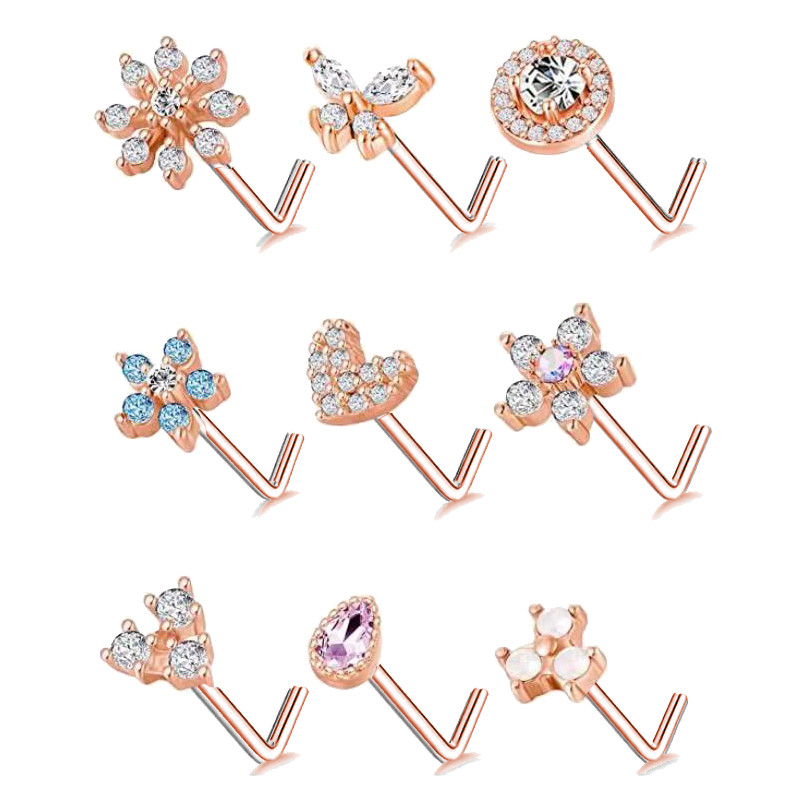 20G Nas Stud în formă de L Inel pentru nas cu zirconiu fluture Inel piercing nas Oțel inoxidabil Floare Nariz Septum Piercing Inel Nez