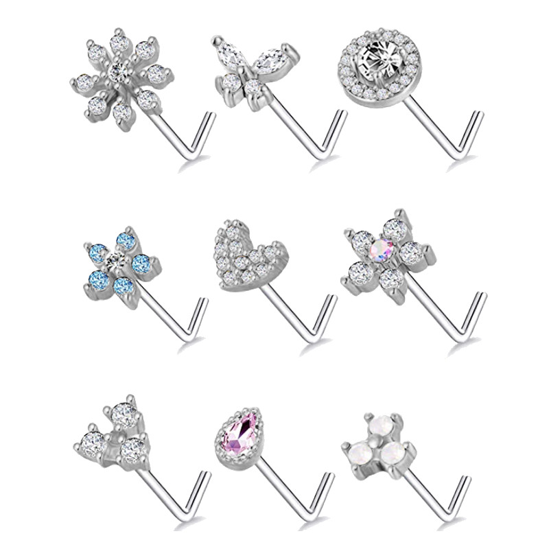 20G Nas Stud în formă de L Inel pentru nas cu zirconiu fluture Inel piercing nas Oțel inoxidabil Floare Nariz Septum Piercing Inel Nez