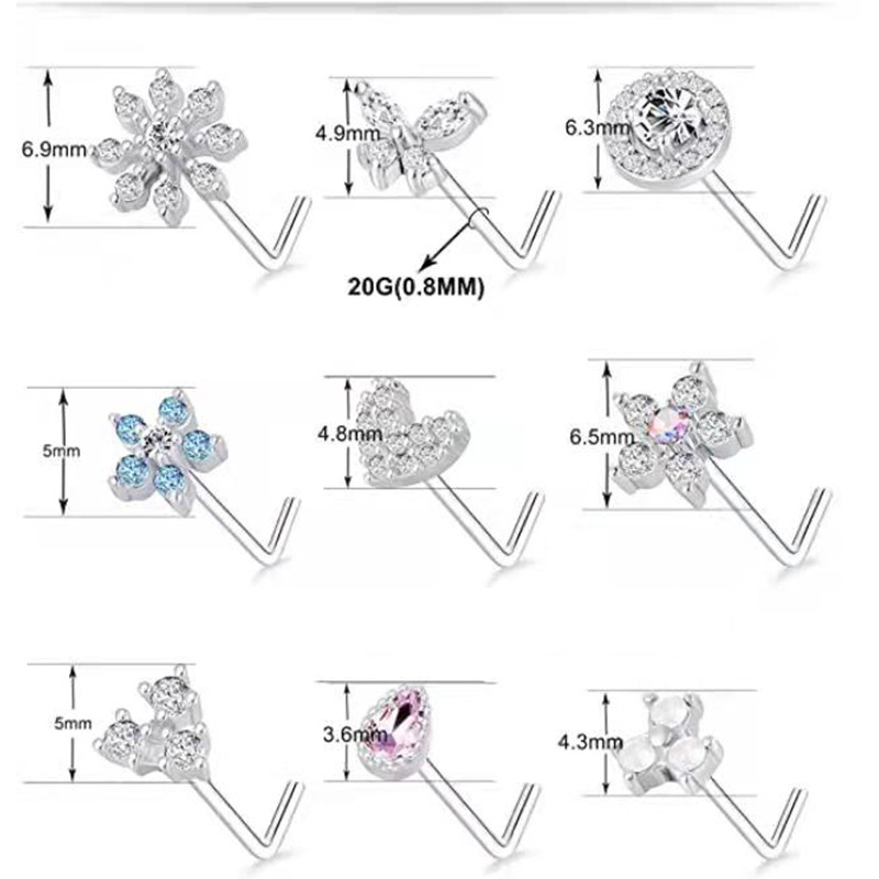 20G Nas Stud în formă de L Inel pentru nas cu zirconiu fluture Inel piercing nas Oțel inoxidabil Floare Nariz Septum Piercing Inel Nez