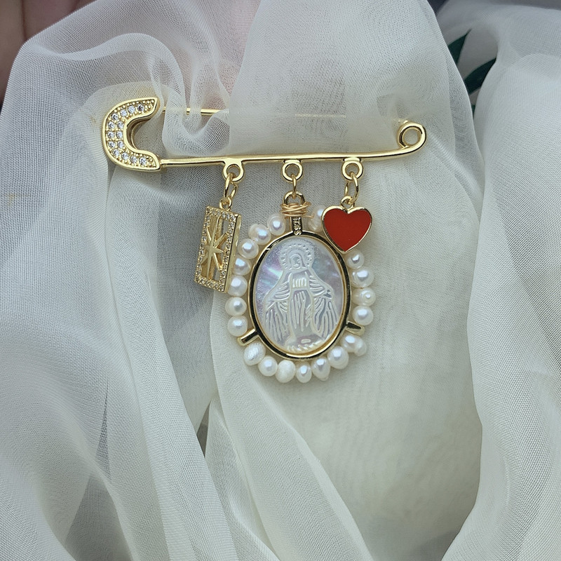 Mados MPO Shell Pearl cirkonio Mergelės Marijos medalio sagės segtukas moterims Prabangios sagės papuošalai