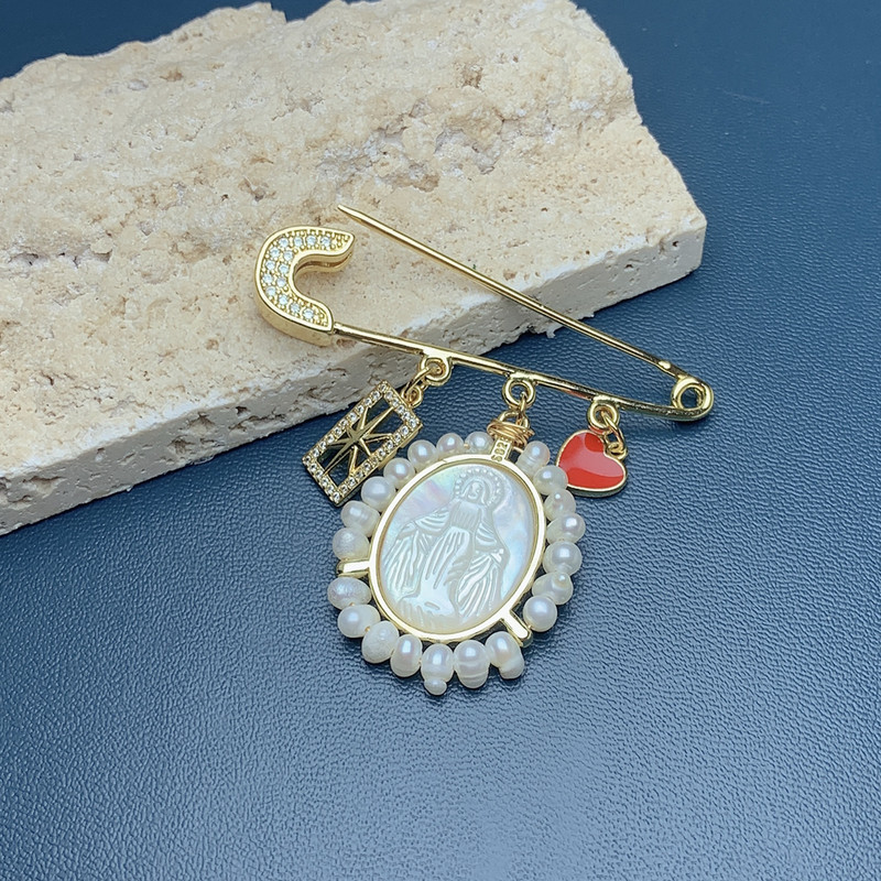 Mados MPO Shell Pearl cirkonio Mergelės Marijos medalio sagės segtukas moterims Prabangios sagės papuošalai