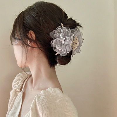 Френски ретро Burning Edge Mesh Flower Pearl Щипка за коса Висококачествен дизайн Щипка за акула за жени Аксесоари за коса Шапки с нокти за коса