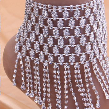 Stonefans Fashion Rhinestone Long Tassel Ancle Glezen за жени Гривна Бедро Бижута Мрежеста гривна за крака Boho Ankle Chain Femme