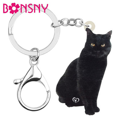 Bonsny Акрилни черни бомбайски котки, ключодържатели, ключодържател, ключодържател, ключодържател, бижута за жени, деца, новост, подарък, чанта, аксесоари