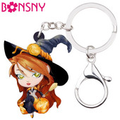 Bonsny acrilic Halloween desene animate magică vrăjitoare breloc breloc inel bijuterii la modă pentru femei fete doamne geanta mașină farmece
