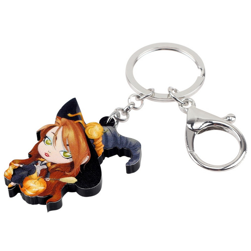 Bonsny acrilic Halloween desene animate magică vrăjitoare breloc breloc inel bijuterii la modă pentru femei fete doamne geanta mașină farmece