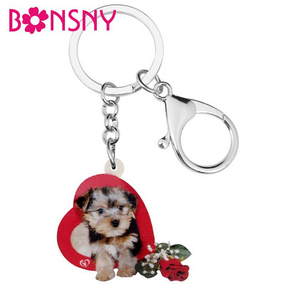 Bonsny Acrilic Ziua Îndrăgostiților Trandafir Yorkshire Câine Lanțuri Chei Animale Inele pentru Femei Fata Adolescent Geanta Poșeta Auto Decoratiuni Cadou