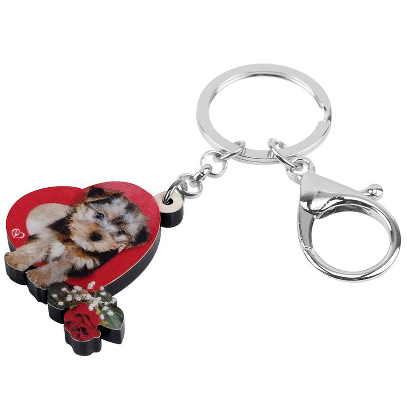 Bonsny Acrilic Ziua Îndrăgostiților Trandafir Yorkshire Câine Lanțuri Chei Animale Inele pentru Femei Fata Adolescent Geanta Poșeta Auto Decoratiuni Cadou