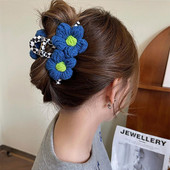 Moda de toamnă, albastru, verde, flori de tricotat, ac de păr, clemă de rechin, negru, șah, gheare de păr pentru femei, accesorii de păr