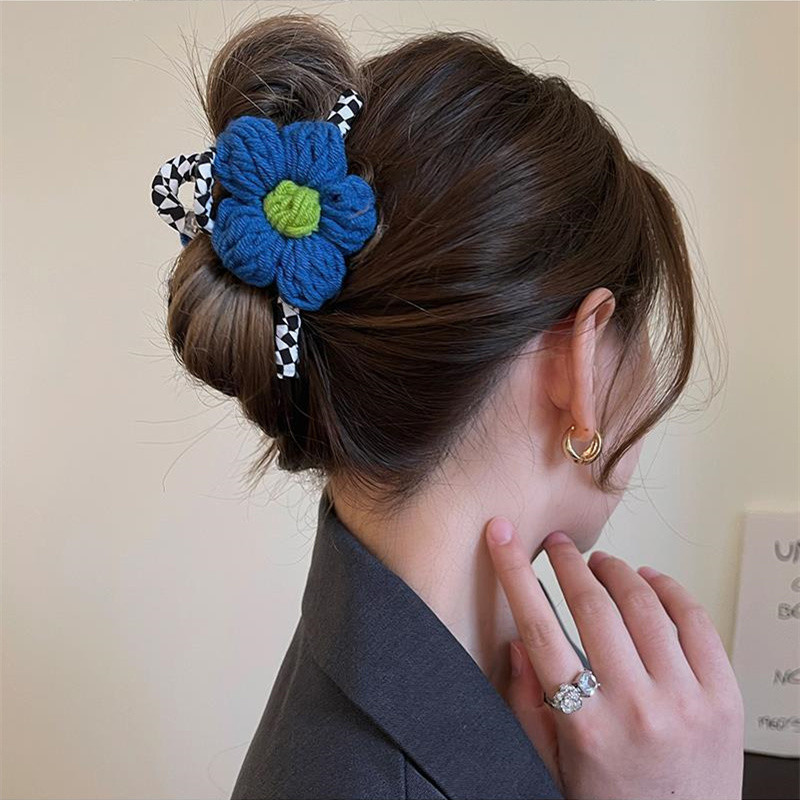 Moda de toamnă, albastru, verde, flori de tricotat, ac de păr, clemă de rechin, negru, șah, gheare de păr pentru femei, accesorii de păr