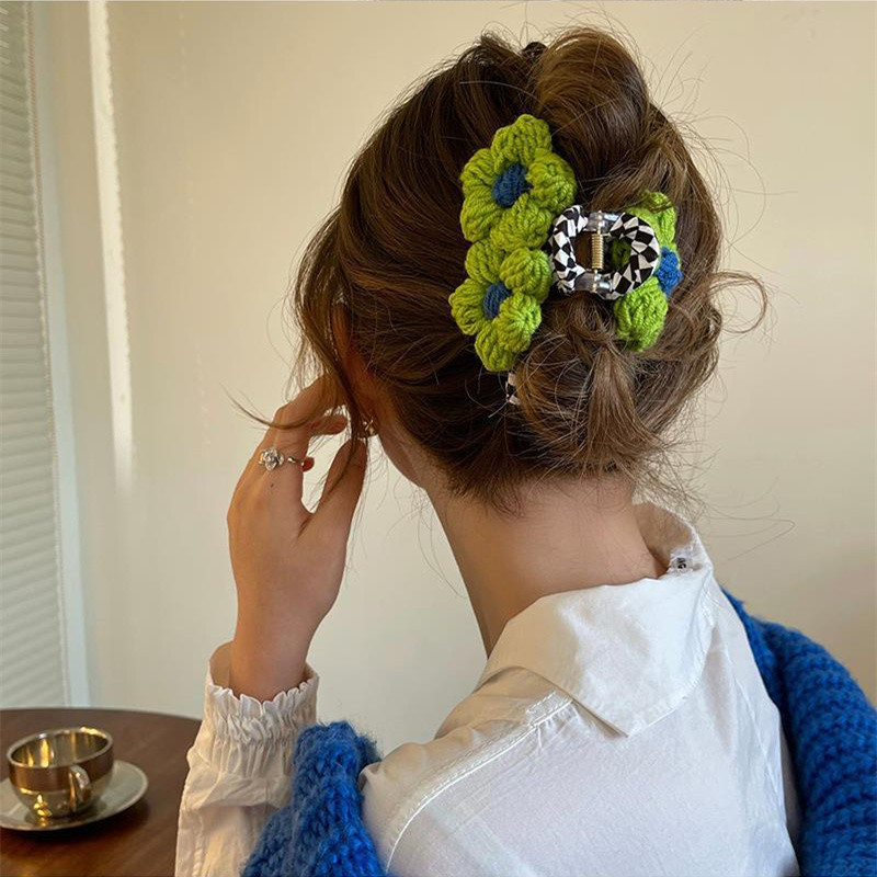 Moda de toamnă, albastru, verde, flori de tricotat, ac de păr, clemă de rechin, negru, șah, gheare de păr pentru femei, accesorii de păr