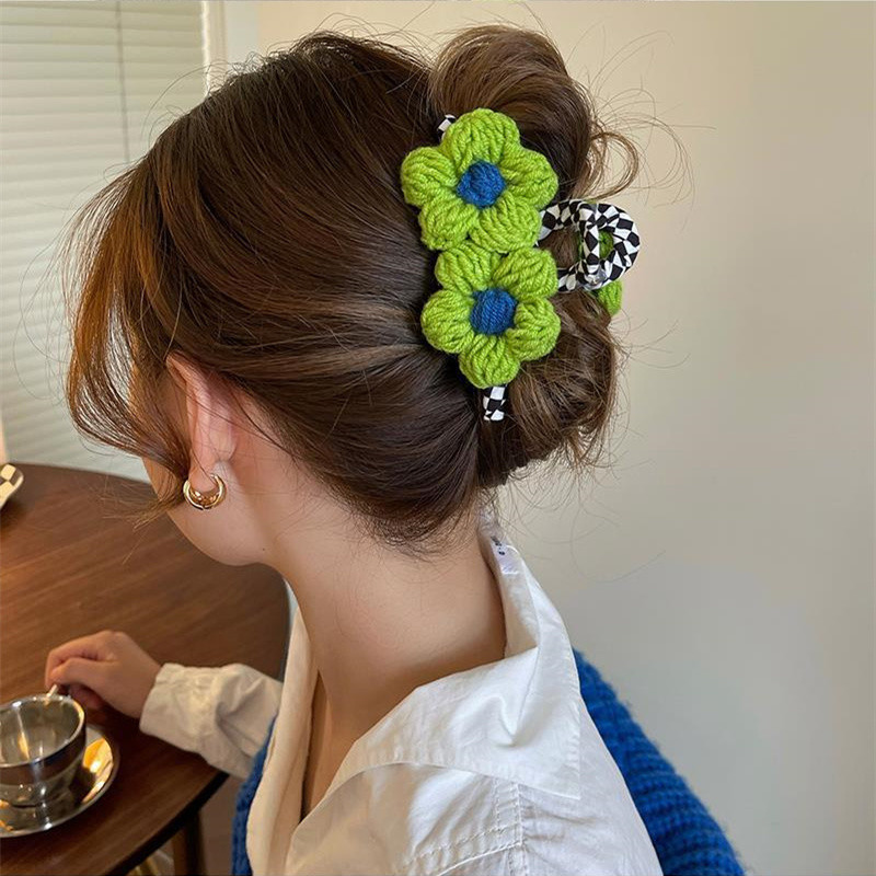 Moda de toamnă, albastru, verde, flori de tricotat, ac de păr, clemă de rechin, negru, șah, gheare de păr pentru femei, accesorii de păr