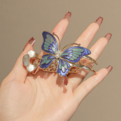 Agrafă de păr fluture din metal vopsit în stil chinezesc pentru femei, agrafă de păr cu strasuri, agrafe de păr de dimensiuni mari, gheare pentru coadă de cal