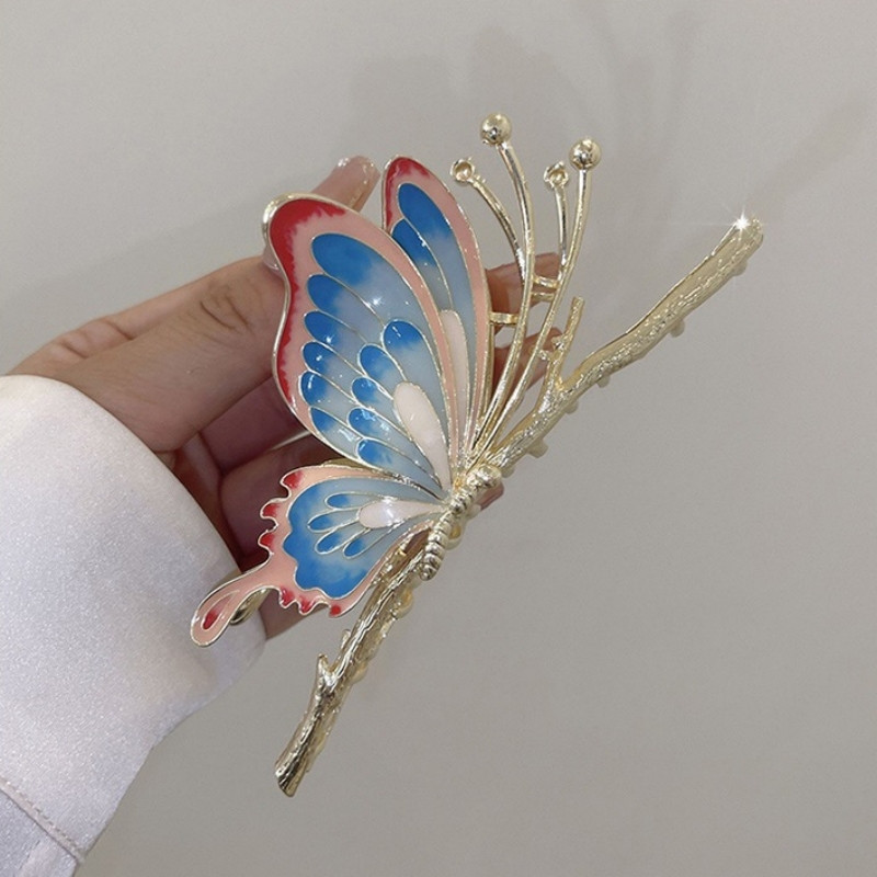 Agrafă de păr fluture din metal vopsit în stil chinezesc pentru femei, agrafă de păr cu strasuri, agrafe de păr de dimensiuni mari, gheare pentru coadă de cal