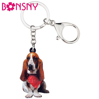 Bonsny Акрилен седящ шал Basset Hound Dog Ключодържатели Ключодържател Пръстени Бижута с животни за жени Момичета Дамска чанта Портмоне Charms Подарък
