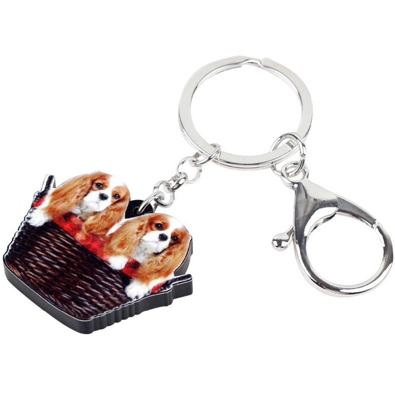 Bonsny acrilic dulce dublu Cavalier King Charles Spaniel coș pentru câine breloc breloc inele bijuterii animale pentru femei fete