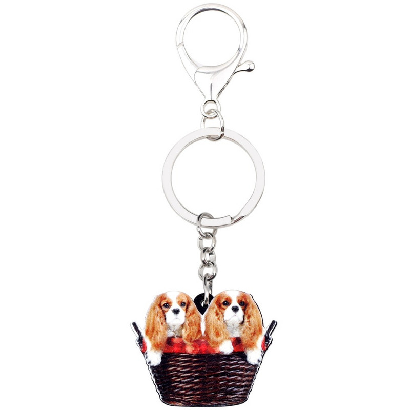 Bonsny acrilic dulce dublu Cavalier King Charles Spaniel coș pentru câine breloc breloc inele bijuterii animale pentru femei fete