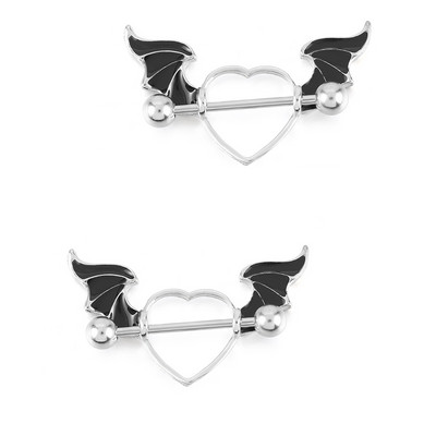 Set piercing pentru mamelon inimă din oțel inoxidabil 14G Lot de piercing pentru mamelon cu aripi de înger negru Pachet de inele pentru mamelon de cristal pentru limbă.