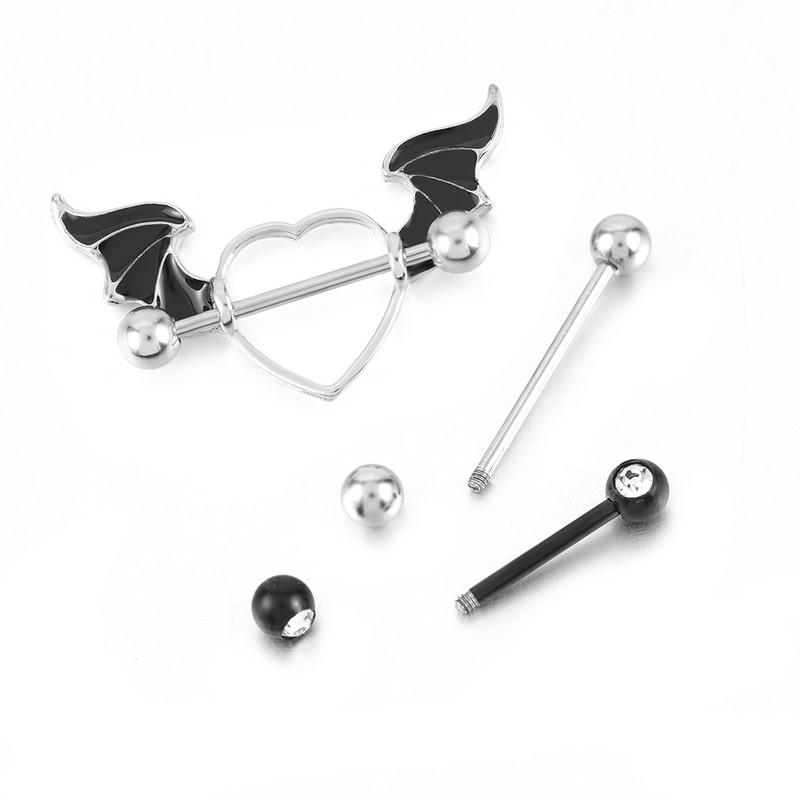 Set piercing pentru mamelon inimă din oțel inoxidabil 14G Lot de piercing pentru mamelon cu aripi de înger negru Pachet de inele pentru mamelon de cristal pentru limbă.