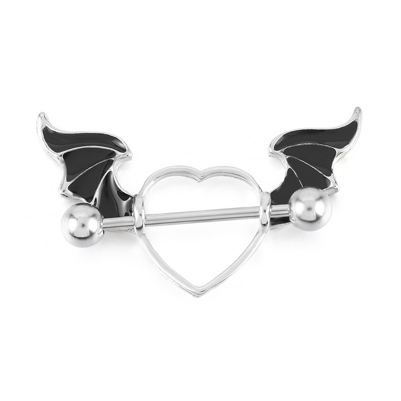 Set piercing pentru mamelon inimă din oțel inoxidabil 14G Lot de piercing pentru mamelon cu aripi de înger negru Pachet de inele pentru mamelon de cristal pentru limbă.