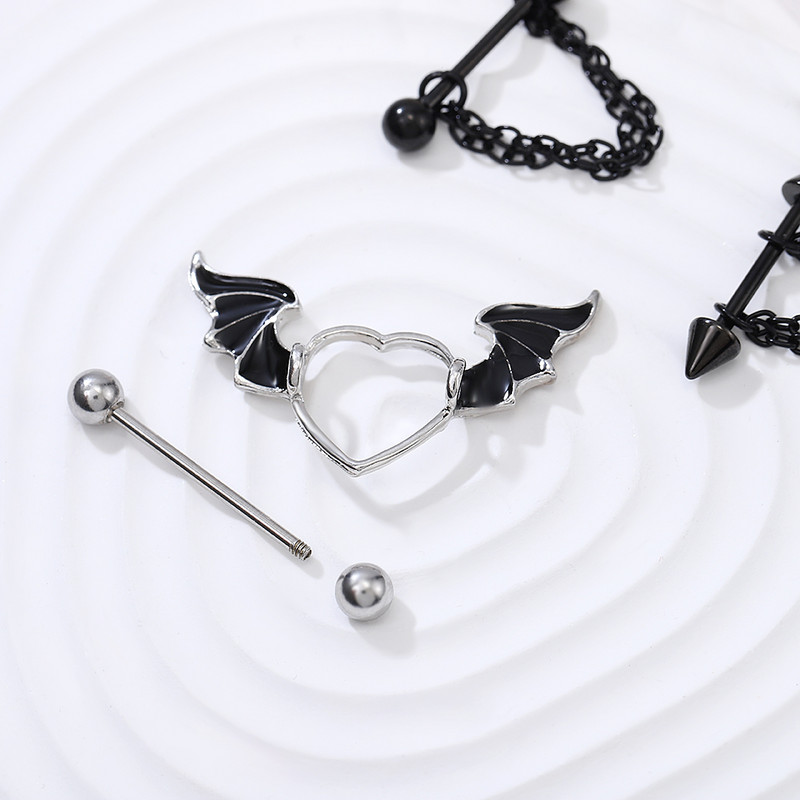 Set piercing pentru mamelon inimă din oțel inoxidabil 14G Lot de piercing pentru mamelon cu aripi de înger negru Pachet de inele pentru mamelon de cristal pentru limbă.