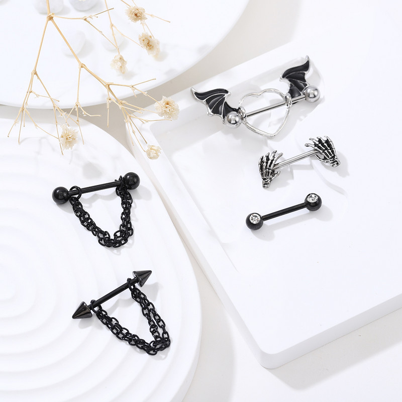 Set piercing pentru mamelon inimă din oțel inoxidabil 14G Lot de piercing pentru mamelon cu aripi de înger negru Pachet de inele pentru mamelon de cristal pentru limbă.