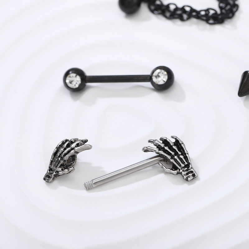 Set piercing pentru mamelon inimă din oțel inoxidabil 14G Lot de piercing pentru mamelon cu aripi de înger negru Pachet de inele pentru mamelon de cristal pentru limbă.