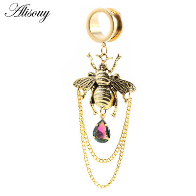 Alisouy 1 buc din oțel inoxidabil albinele picături de apă cu lanț de cristal pandantiv dop pentru urechi tunel expansor targă calibre piercing bijuterii pentru corp