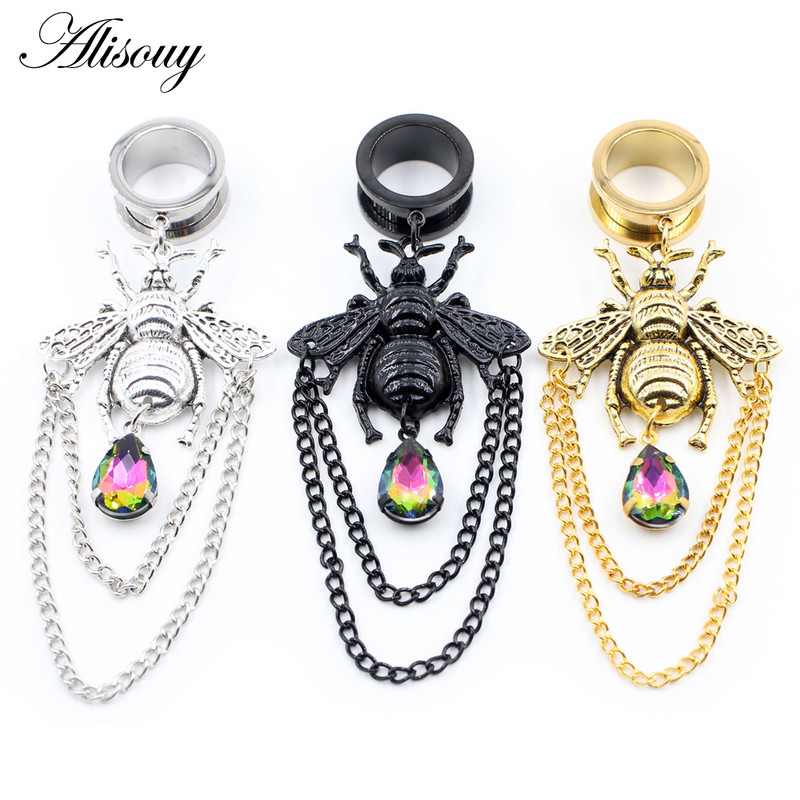 Alisouy 1 buc din oțel inoxidabil albinele picături de apă cu lanț de cristal pandantiv dop pentru urechi tunel expansor targă calibre piercing bijuterii pentru corp