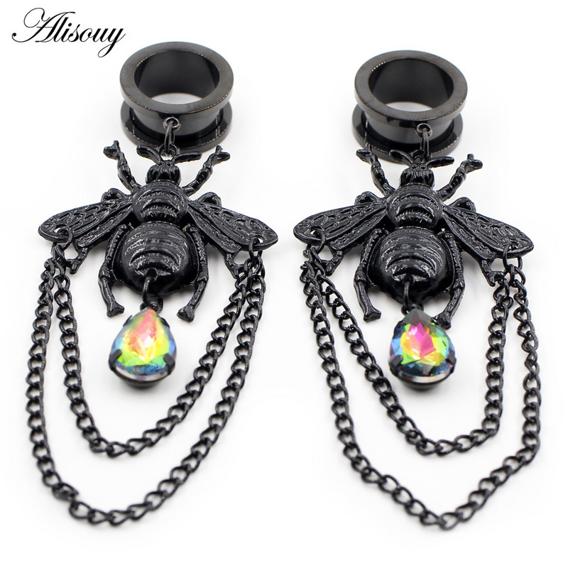 Alisouy 1 buc din oțel inoxidabil albinele picături de apă cu lanț de cristal pandantiv dop pentru urechi tunel expansor targă calibre piercing bijuterii pentru corp