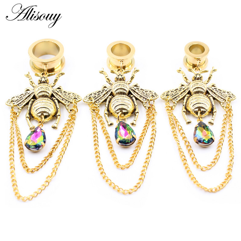 Alisouy 1 buc din oțel inoxidabil albinele picături de apă cu lanț de cristal pandantiv dop pentru urechi tunel expansor targă calibre piercing bijuterii pentru corp