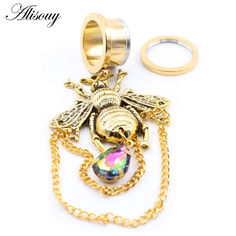 Alisouy 1 buc din oțel inoxidabil albinele picături de apă cu lanț de cristal pandantiv dop pentru urechi tunel expansor targă calibre piercing bijuterii pentru corp