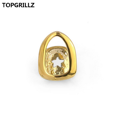 TOPGRILLZ Placat în culoarea aur galben Hollow Face Grillz cu un singur dinți Grătare de dinți Hip Hop pentru cadou