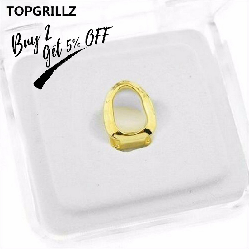 TOPGRILLZ Placat în culoarea aur galben Hollow Face Grillz cu un singur dinți Grătare de dinți Hip Hop pentru cadou