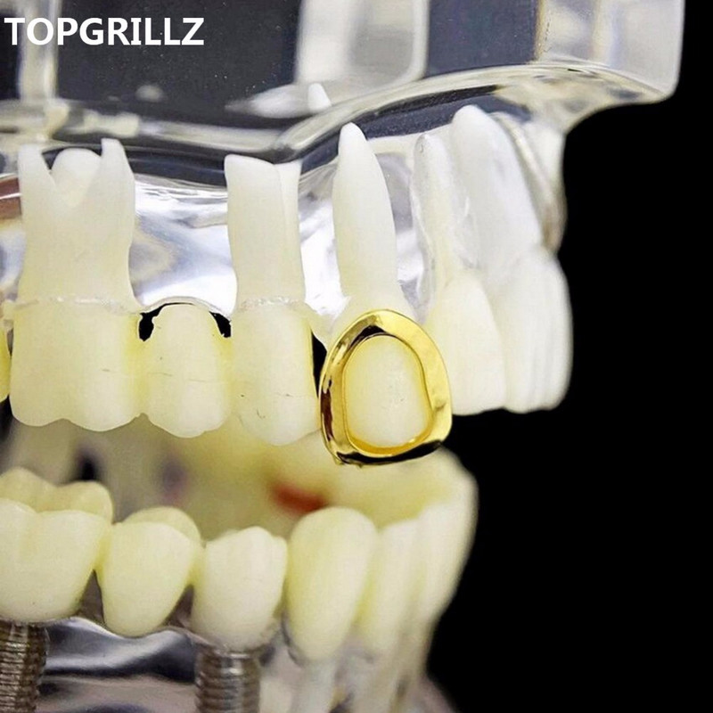 TOPGRILLZ Placat în culoarea aur galben Hollow Face Grillz cu un singur dinți Grătare de dinți Hip Hop pentru cadou