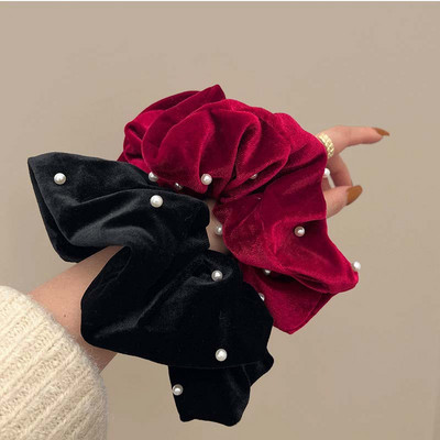 Benzile de păr cu perle la modă retro Scrunchies franțuzești elegante din catifea pentru femei, cadou pentru petrecerea de Crăciun, benzi elastice pentru păr