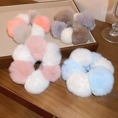 Scrunchies colorate din blană artificială, toamnă și iarnă, minge mare de pluș, funii de păr, benzi elastice dulci pentru păr, accesorii pentru păr