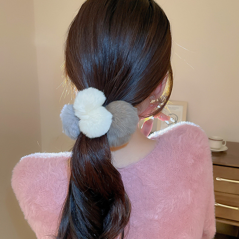 Scrunchies colorate din blană artificială, toamnă și iarnă, minge mare de pluș, funii de păr, benzi elastice dulci pentru păr, accesorii pentru păr