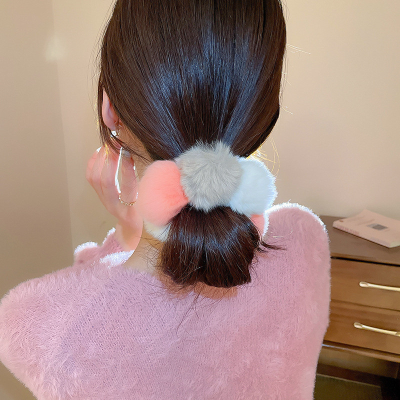 Scrunchies colorate din blană artificială, toamnă și iarnă, minge mare de pluș, funii de păr, benzi elastice dulci pentru păr, accesorii pentru păr