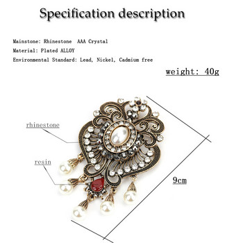 Sunspicems Antique Gold Color Flower Women Brooch Full Crystal Droppearl Турски Етнически Банкет Бижута Хиджаб Кафтан Аксесоари