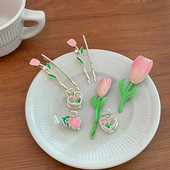 Retro Zână Lalea Mini clemă de apucare Clip de cică de rață pentru femei, floare roz pictată, gheare de păr, drăguță, agrafe, cadou de aniversare