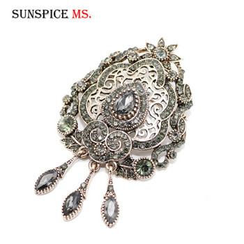 SUNSPICE Bohemia Crystal Brooch Pins Турски метален шал Облекло Броши с цветя Брошки Арабски сив камък Бижута Коледен подарък