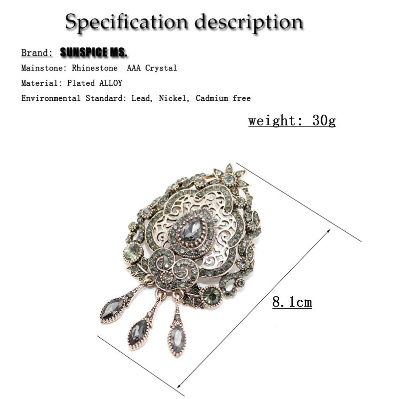 SUNSPICE Bohemia Crystal Sagės Smeigtukai Turkiškas Metalas Šalikas Drabužiai Gėlės Sagės Sagės Arabų Pilkos Akmens Papuošalai Kalėdų Dovana