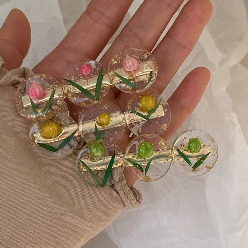 Francia Retro átlátszó akril virág bibe kacsacsőrű kapocs nőknek tulipános hajtű oldalsó csíptető frufru csíptető lány elegáns hajcsavarok