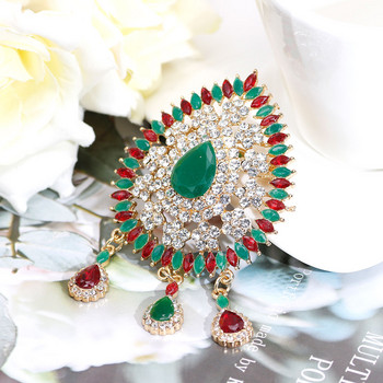 Sunspicems Moroccan Rhinestone Caftan Brooch Pin for Women Златен цвят Червен Зелен Кристал Брошки Брошки Сватбени бижута Подарък